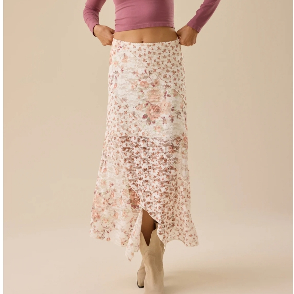 Altar'd State Skirt NWT Size L Cream Red Midi Lace Details Boho Pull On Floral - Picture 3 of 9